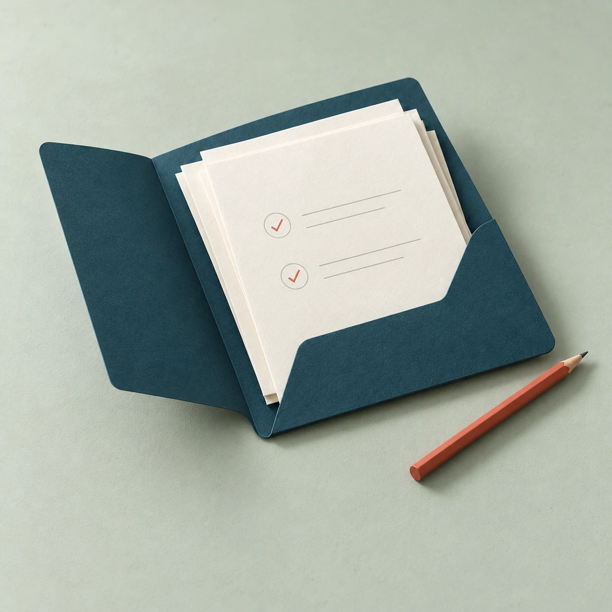 Petrol-blue folder with organised documents and a pencil